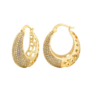 French vintage style hollow teardrop gold earrings with white pavé zircon details