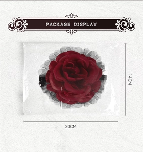 Gothic red rose headband in black mesh packaging with 20CM x 14CM dimension display