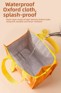 Detail of insulated lunch bag showing waterproof oxford fabric and thermal aluminum foil liner