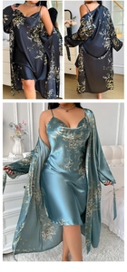 Detail view of floral print satin pajamas set featuring lace-up robe and camisole dress