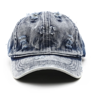Classic acid wash denim baseball cap with distressed details and adjustable strap