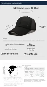 Size chart for black mesh baseball cap showing 10cm brim and 56-60cm circumference