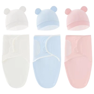 Newborn swaddle sleep sack with bear ear hat in white, light blue, and pink colors