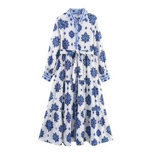 Vestido Maxi De Manga Larga Estampado Floral Azul Blanco Cuello Solapa Vestido Camisero Con Lazo Bohemio Vacaciones