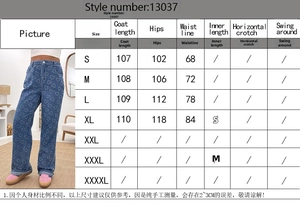 Detailed size chart for crochet heart straight leg denim jeans showing waist and hip metrics