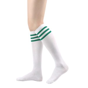 Side view of white knee-high socks featuring three green stripes in JK school style