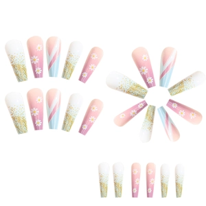Detailed view of long ballerina press-on nails with daisy patterns and gold glitter