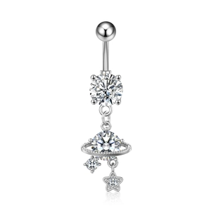 Detail of silver belly button ring with sparkling zircon stones and star pendant