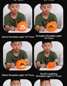 Detail of four cartoon Halloween handheld lanterns including pumpkins and ghosts