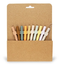 Set of 10 reusable food grade silicone straws with cute bear charms and a cleaning brush