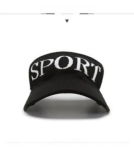 Detail of SPORT letter embroidery on breathable black knitted visor sun hat for outdoor sports