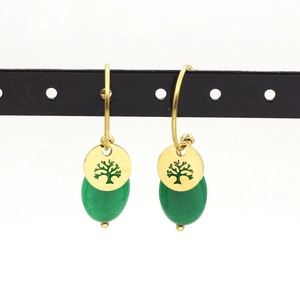 Gold tree of life earrings with green natural stone pendant for minimalist women style