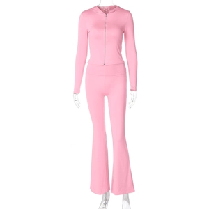 Detail view of pink long sleeve zip-up hoodie and matching high waist flared trousers set