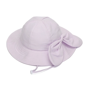Detail of light purple sun hat featuring large decorative bow and adjustable chin strap