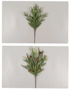 Detailed view of artificial pine needles branches and pine cones for festive decoration