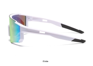 Side view detail of white cycling sunglasses with iridescent lens and anti-slip temple