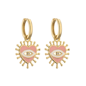 Close-up of gold hoop earrings with pink enamel heart and cubic zirconia evil eye detail