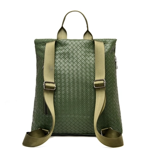 Dark green woven leather backpack with adjustable straps and silver metal buckles