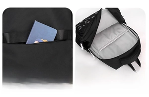 Detail of backpack with anti-theft back pocket and 15-inch laptop compartment sleeve