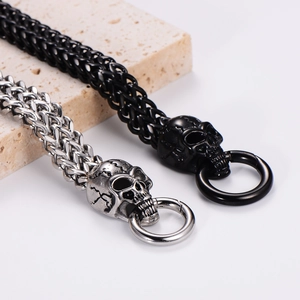Gothic punk stainless steel skull link bracelet in silver and black weave finish