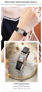 Detailed view of square gold watch face with blue hands and black leather strap