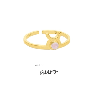 Detail of 18K gold Taurus zodiac ring featuring a pink zircon and 925 silver stamp