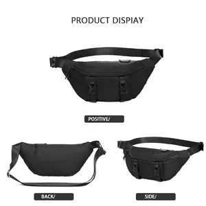 Black waterproof tactical chest bag for men shown in front side and back view angles