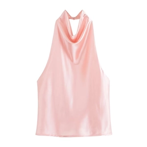 Ärmelloses Neckholder-Top aus rosa Satin mit elegantem Seidenglanz und Wasserfallausschnitt