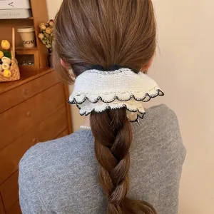 Lace crochet scrunchie with cream knit fabric and black contrast wavy edge for women