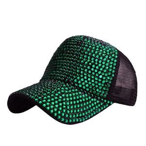 Black mesh baseball cap with green rhinestones shown from a front-side angle view