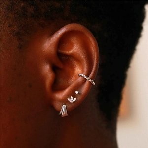 Macro detail of silver S925 helix earring set with crystal butterfly and shell studs