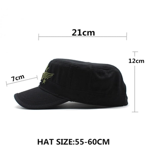 Detail view of black cadet cap with gold wing embroidery and size specifications
