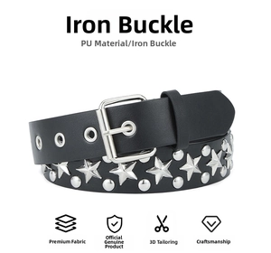 Detail of punk black PU leather belt with silver star studs and metallic eyelets
