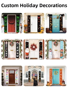 Vertical outdoor banner showing waterproof Christmas and Halloween porch door decorations