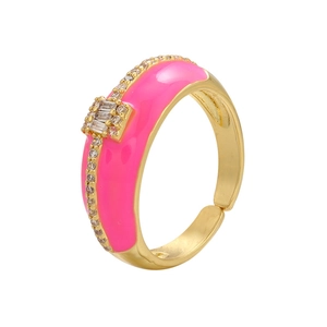 Detail of adjustable open ring featuring pink enamel and sparkling white zircon stones