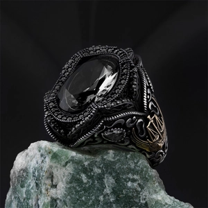 Retro adjustable men's copper ring with black oval gemstone and vintage relief engraving