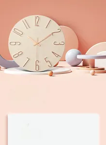 Artistic detail of minimalist 12 inch wall clock with rose gold 3D numbers and wood texture