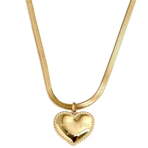 Gold heart pendant necklace with Love You More engraving on a sleek snake chain