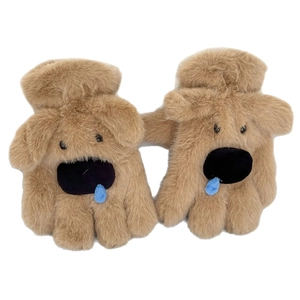 Gants d'hiver en peluche chiot marron avec longues oreilles et cordon de cou