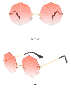 Spider web design pink gradient rimless octagon sunglasses with gold metal frame