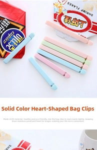 Close-up of Macaron color long PP sealing clips for snack bags and food storage