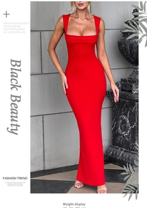 Detailed view of square neck design and slim fit cut on red elegant maxi dress
