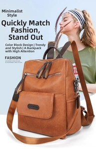 Detail of brown PU leather backpack featuring lychee texture and front zipper pocket
