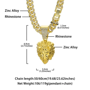 Detailed technical diagram showing lion head pendant size and rhinestones dimensions