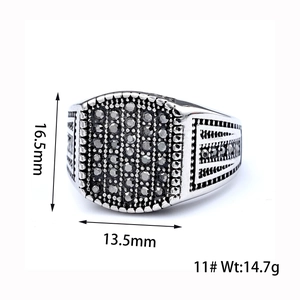 Retro stainless steel men's ring with black micro-inlaid crystals and silver finish