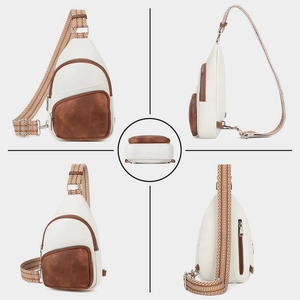 Detail view of white PU leather chest bag with brown accents and woven geometric strap