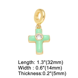 Detailed dimensions of gold cross pendant with mint enamel and zircon centerpiece
