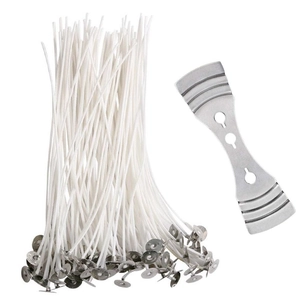 DIY candle making kit with white cotton wicks, silver metal bases and centering holder