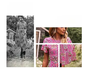 Détail d'une robe bohème à imprimé floral avec motifs vintage et taille cintrée