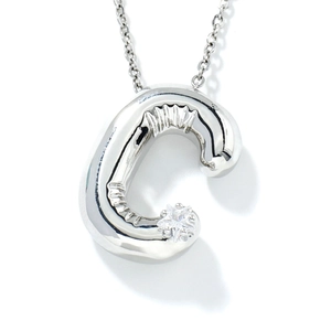 Silver 3D balloon initial C pendant necklace with zircon stone on a white background